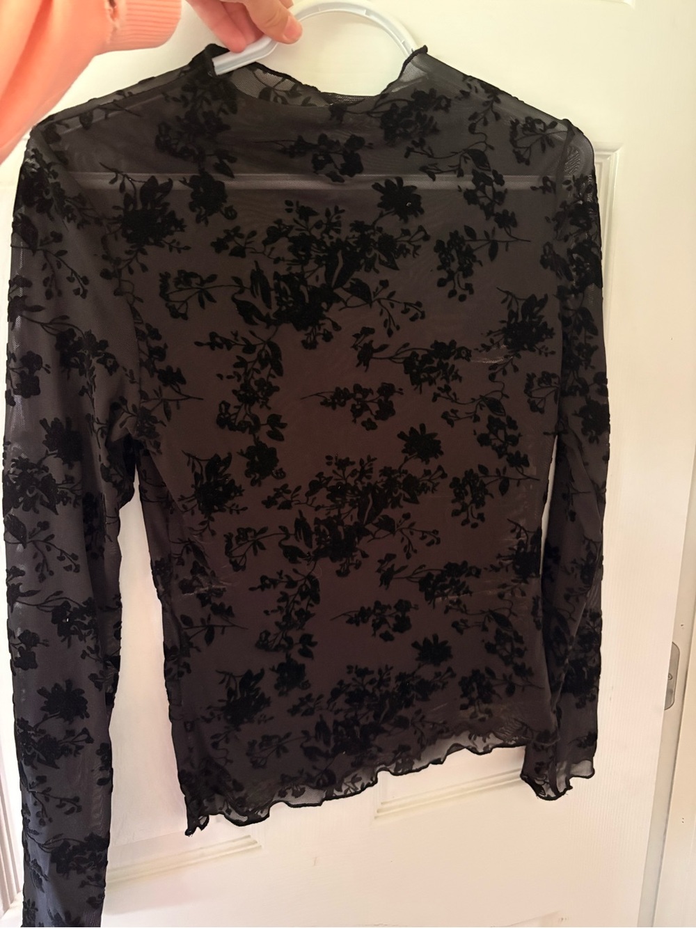 SHEIN Black Floral Burnout Mesh Long Sleeve Top